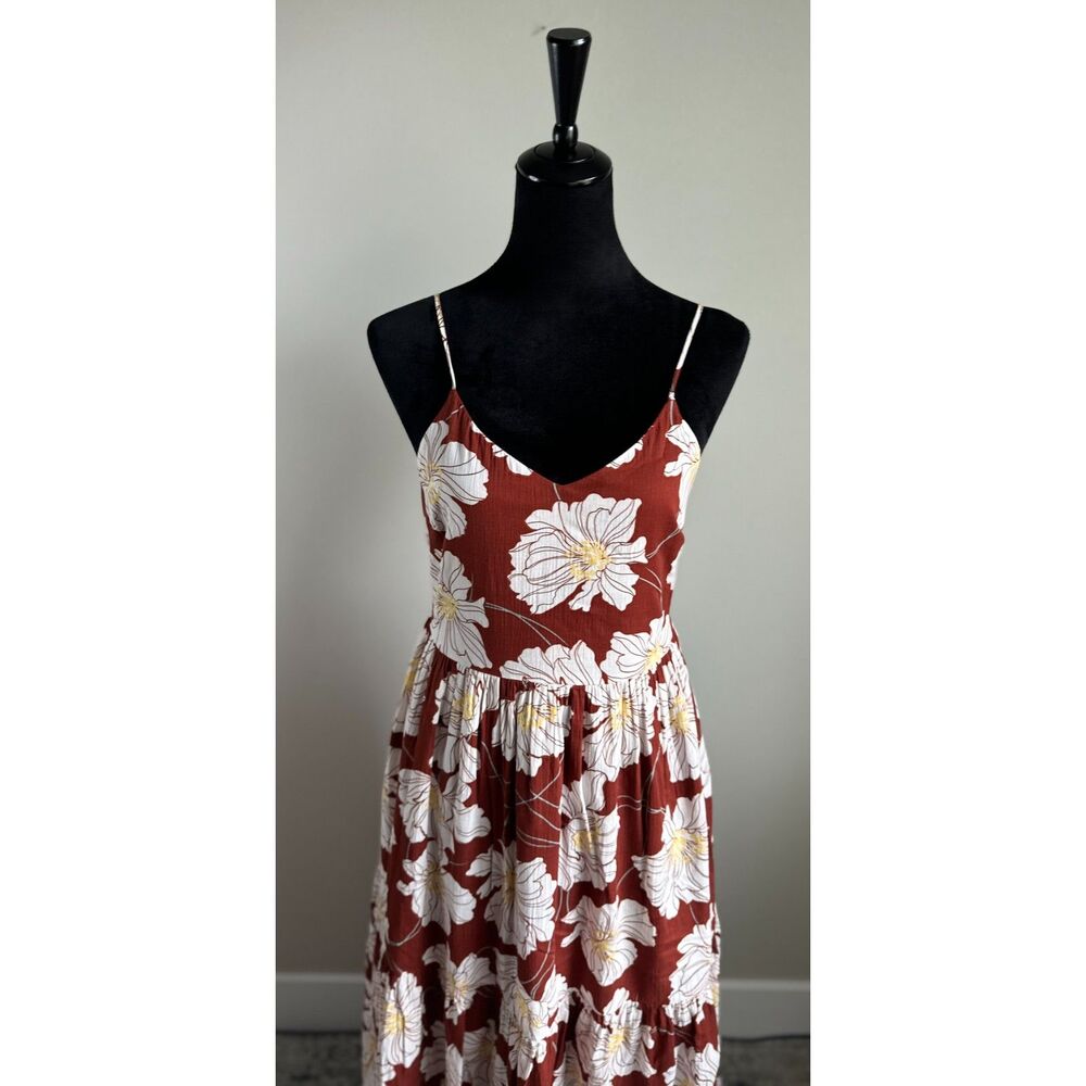GAP | Strappy Cami Maxi Floral Print Tiered Maxi Dress in Rust Brown Size 2 - Picture 2 of 9
